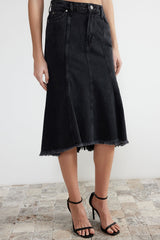 Anthracite Stitching Detailed Asymmetrical High Waist Midi Denim Skirt Twoss24et00081