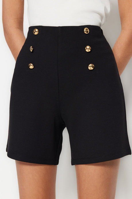 Black Gold Button Detailed High Waist Interlock Smart Knitted Shorts Twoss23sr00116