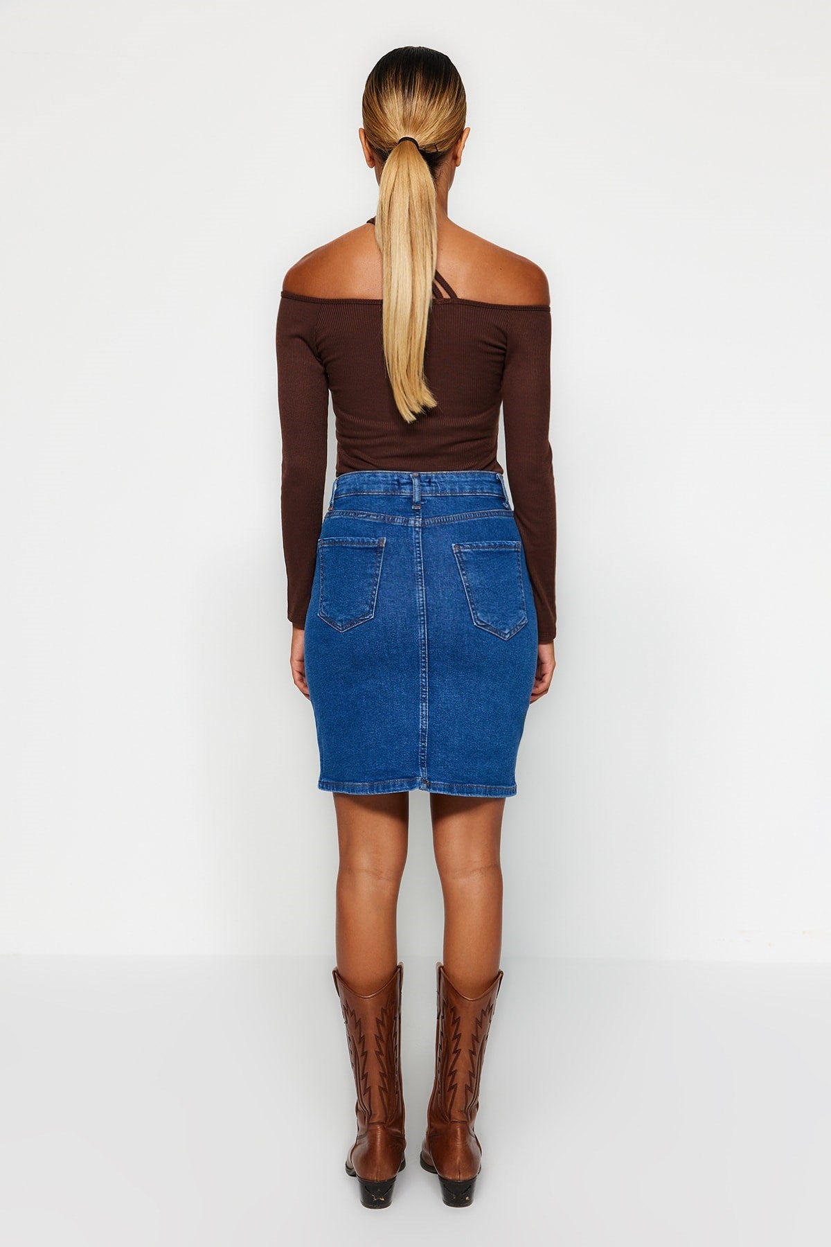 Blue Basic High Waist Mini Denim Skirt Twoss20et0241