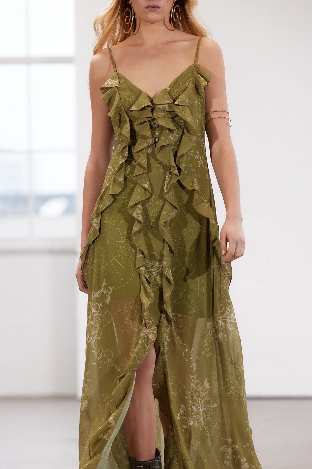 Limited Edition Khaki Floral Pattern Ruffle Chiffon Evening Dress Tprss24ae00050