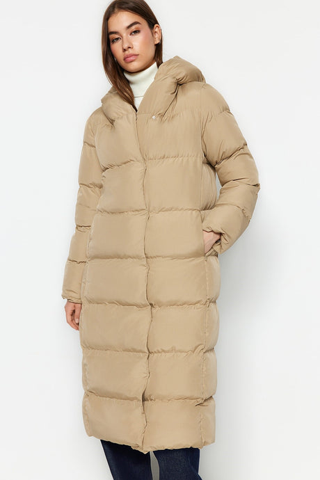 Black Oversize Side Snap Closure Water Repellent Long Quilted Inflatable Coat Twoaw24mo00044