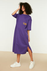 Purple Embroidered Relaxed/casual Cut Crew Neck Midi Knitted Dress Twoss21el0175