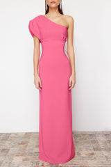 Fuchsia Asymmetric Collar Long Evening Dress Tprss24ae00119