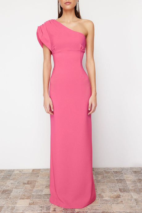 Fuchsia Asymmetric Collar Long Evening Dress Tprss24ae00119