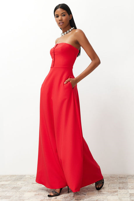 Red Buttoned Woven Long Evening Dress Tprss24ae00095