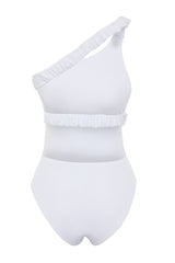 White One Shoulder Ruffle Textured High Leg Regular Swimsuit Tbess24ma00046