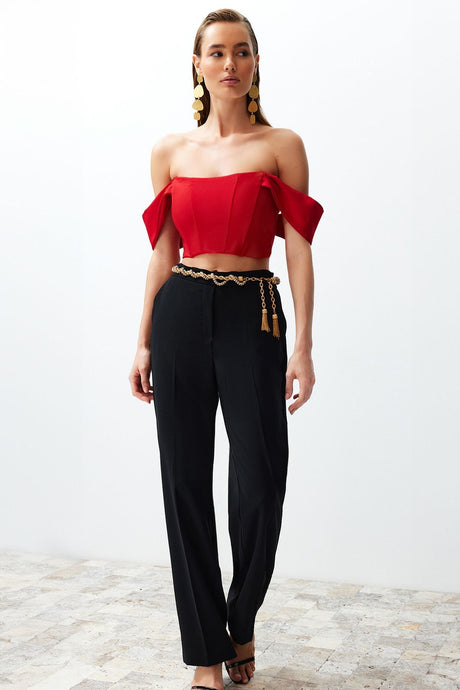 Red Carmen Collar Crop Woven Bustier Tprss24bs00019