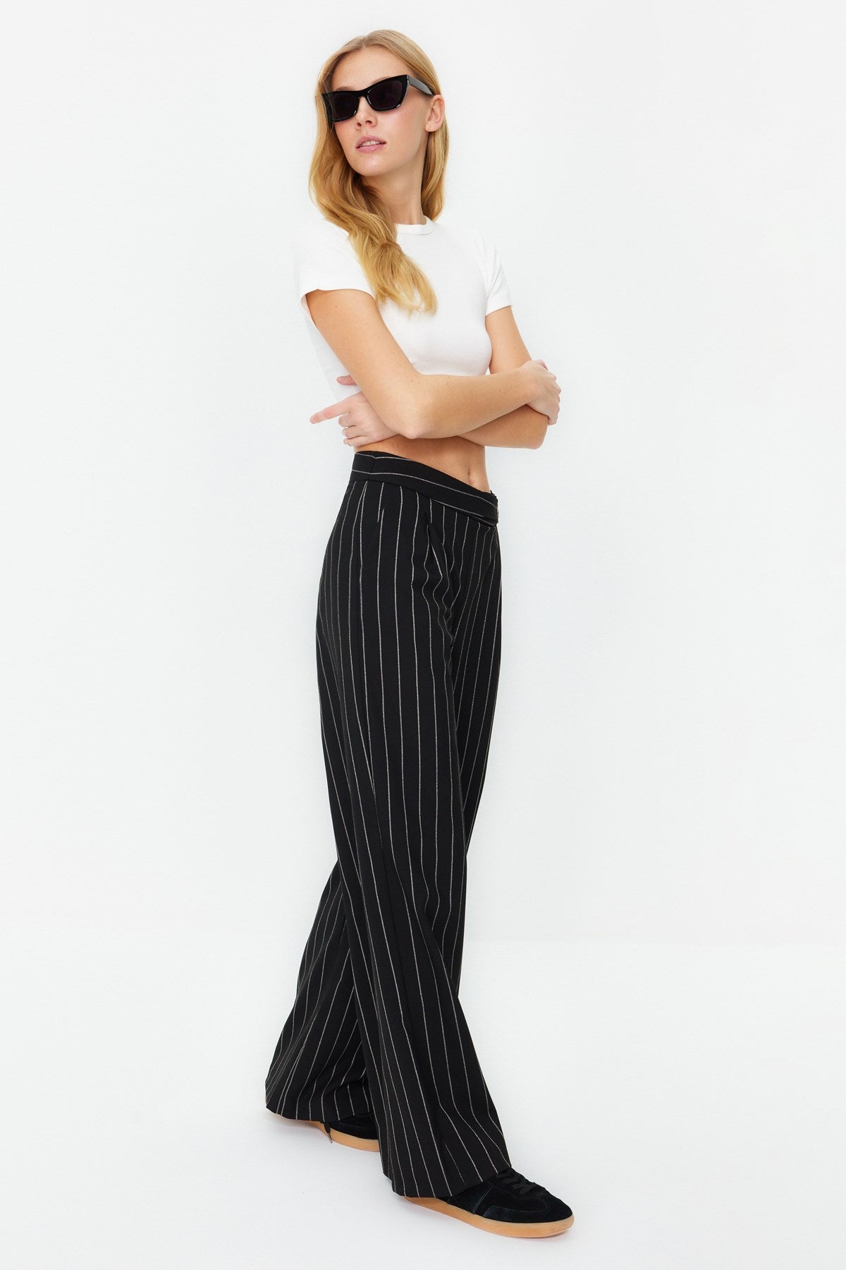 Grey Wide Leg/wide Leg Sim Detailed Woven Striped Pants Twoss23pl00223