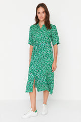 Green Floral Pattern Belted Midi Woven Viscose Shirt Dress Twoss20el1559