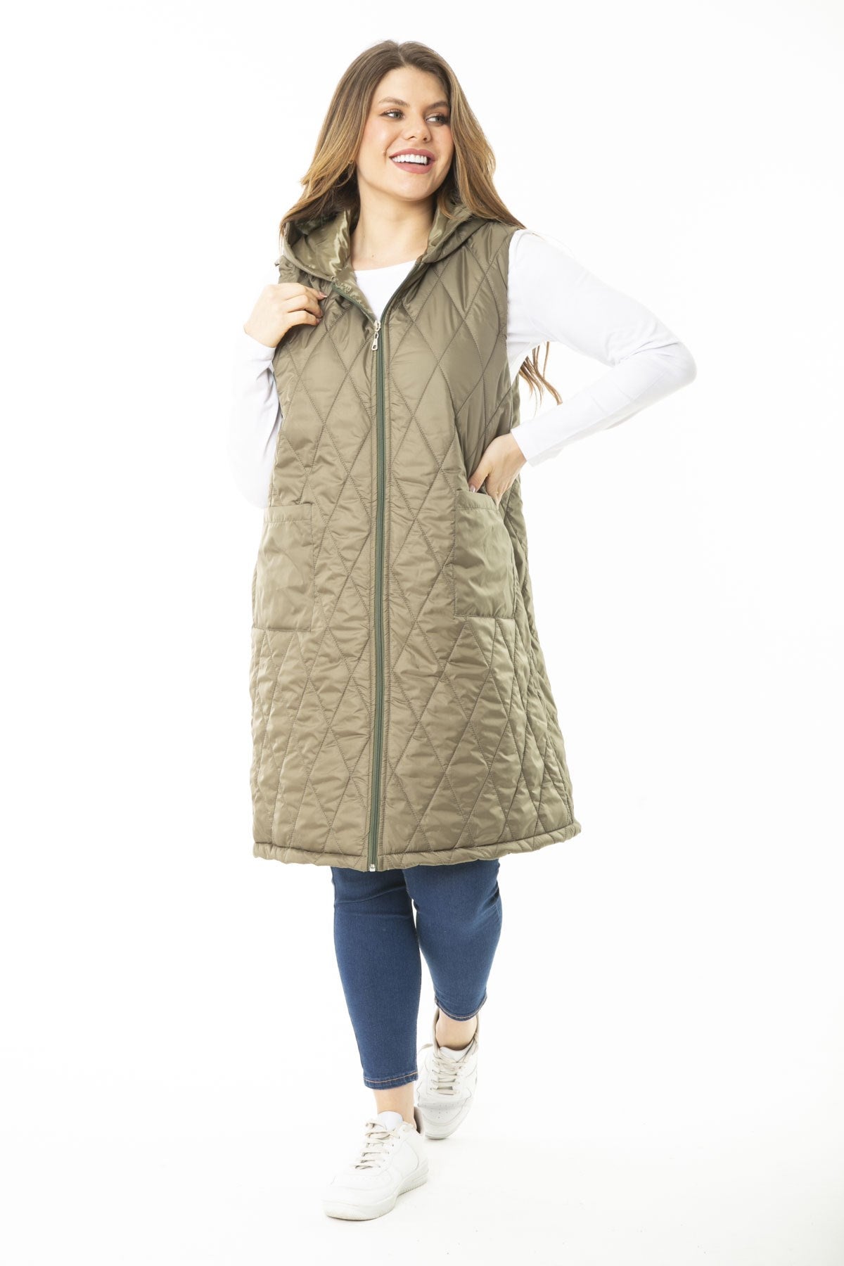 Women's Plus Size Khaki Front Dermal Hooded Quilted Lined Long Coat 65n37107