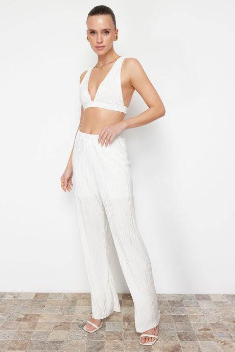 White Pleated Fitted/body-fitting Crop Flexible Knit Bustier Twoss24bs00015