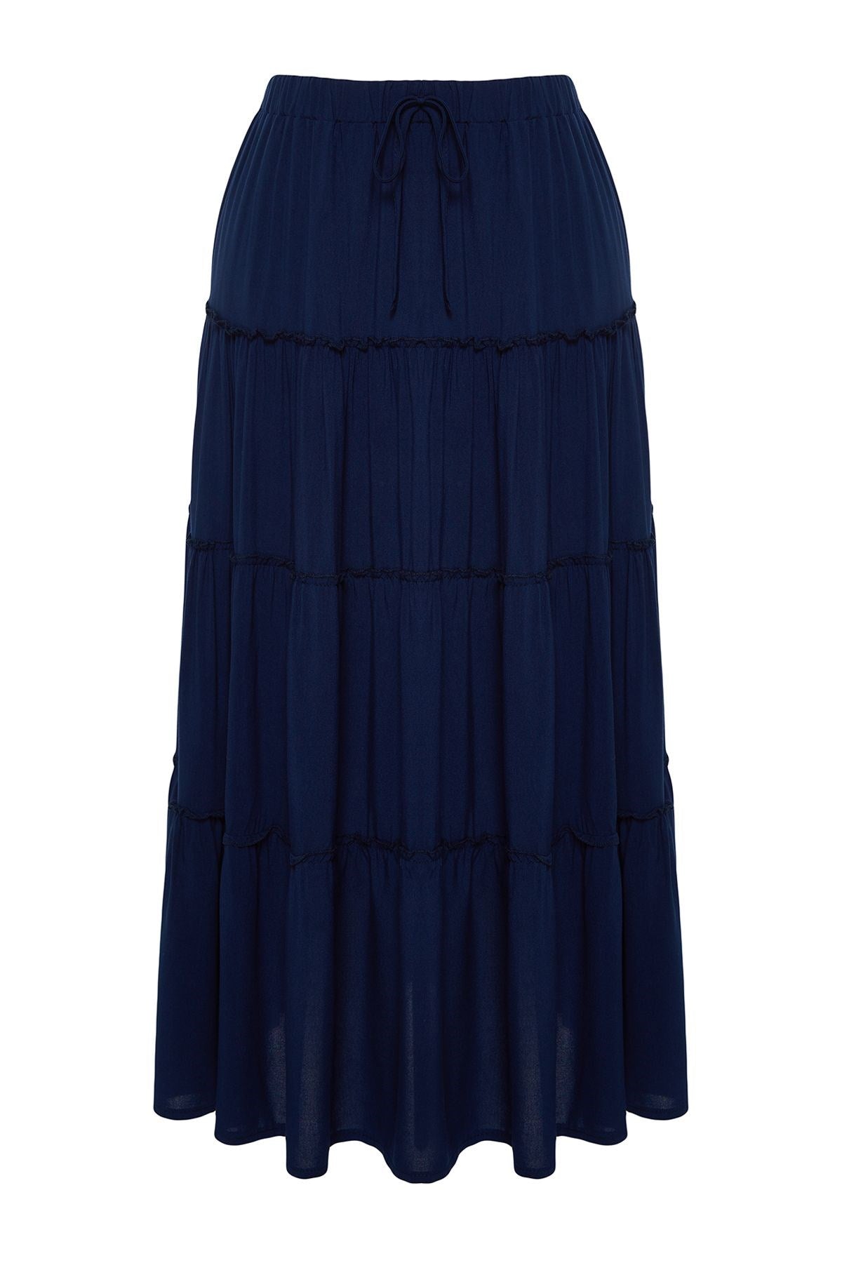 Navy Blue Waist Ruffle Detail Flared Maxi Length Woven Skirt Twoss24et00098