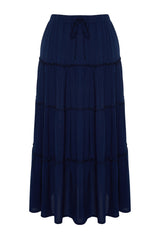 Navy Blue Waist Ruffle Detail Flared Maxi Length Woven Skirt Twoss24et00098