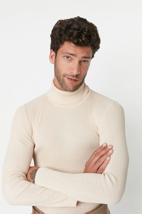 Grey Men's Slim Fit Turtleneck Ribbed Knit Basic Sweater Tmnaw20mg0031