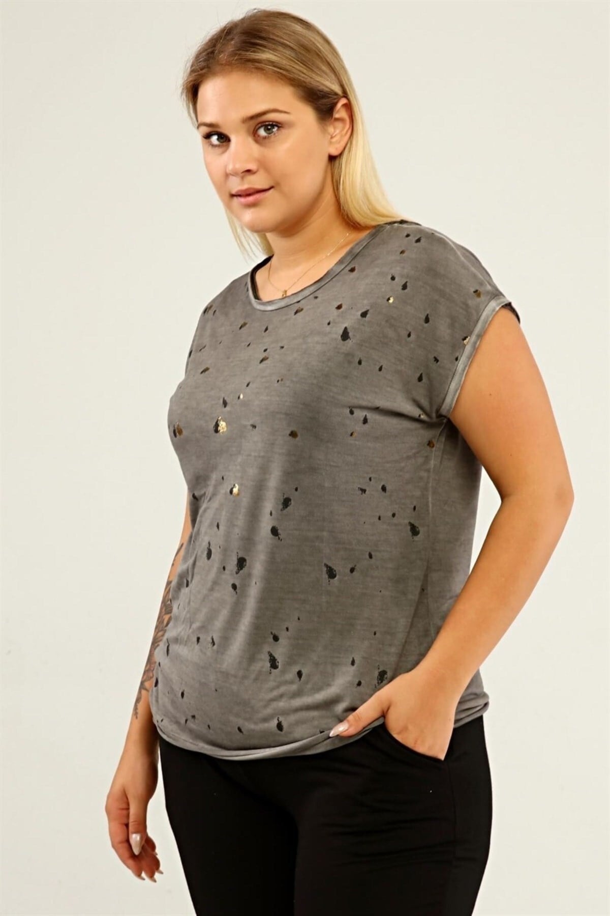 Spade Print Back Lace Oil Wash T-shirt-misty Fog Pra-1668864-905768