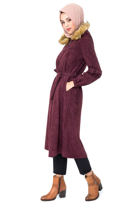 Elegant Zipper Belted Burgundy Pudding Coat 3152 T19kb3m3152