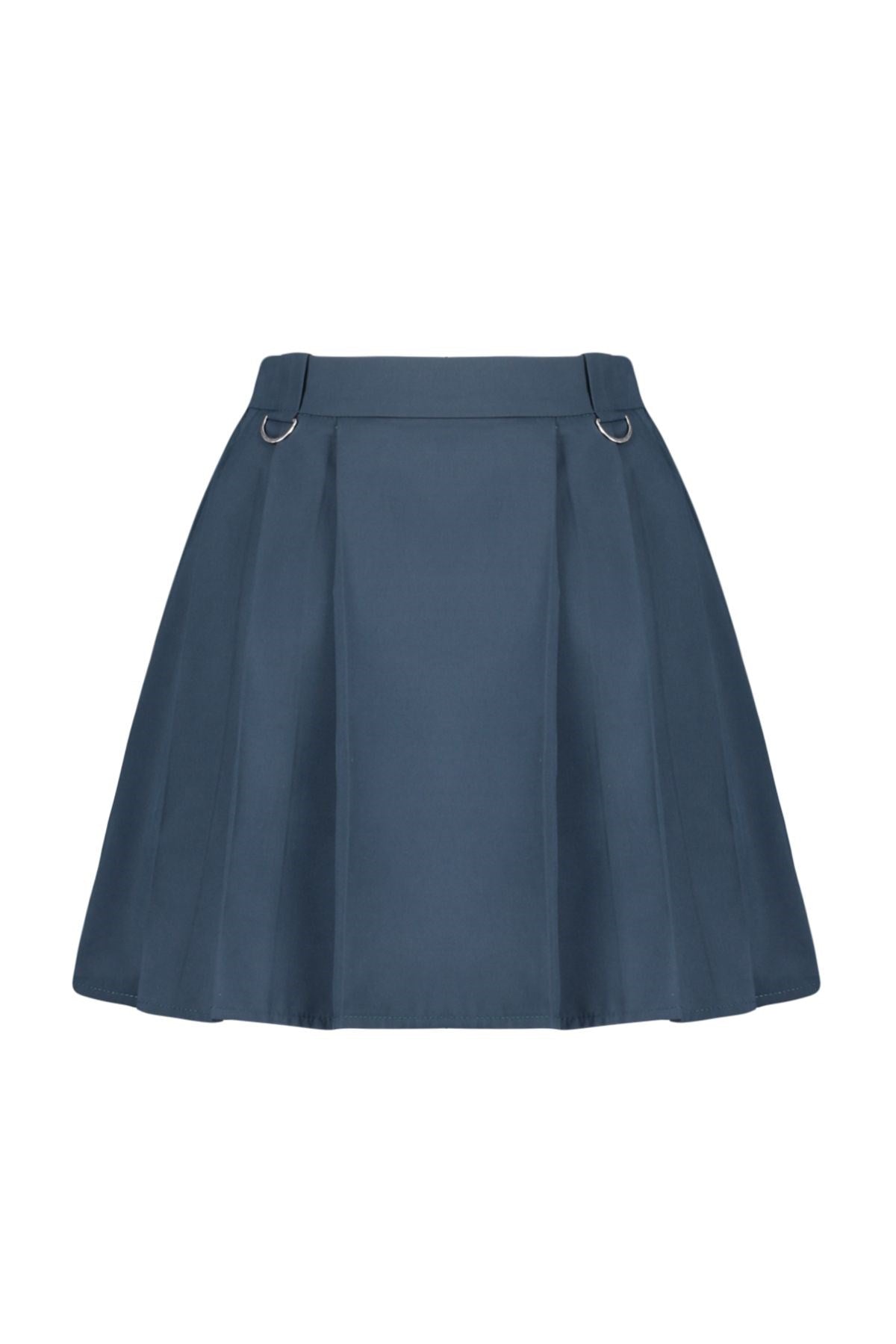 Navy Blue Pleated Buckle Detailed Mini Woven Skirt Twoss24et00115