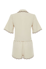 Beige Woven Linen Blended Shirt Shorts Set Tbess24au00027