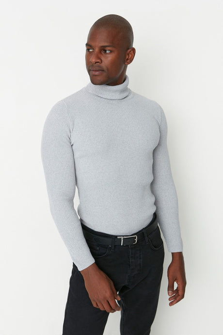 Grey Men's Slim Fit Turtleneck Ribbed Knit Basic Sweater Tmnaw20mg0031