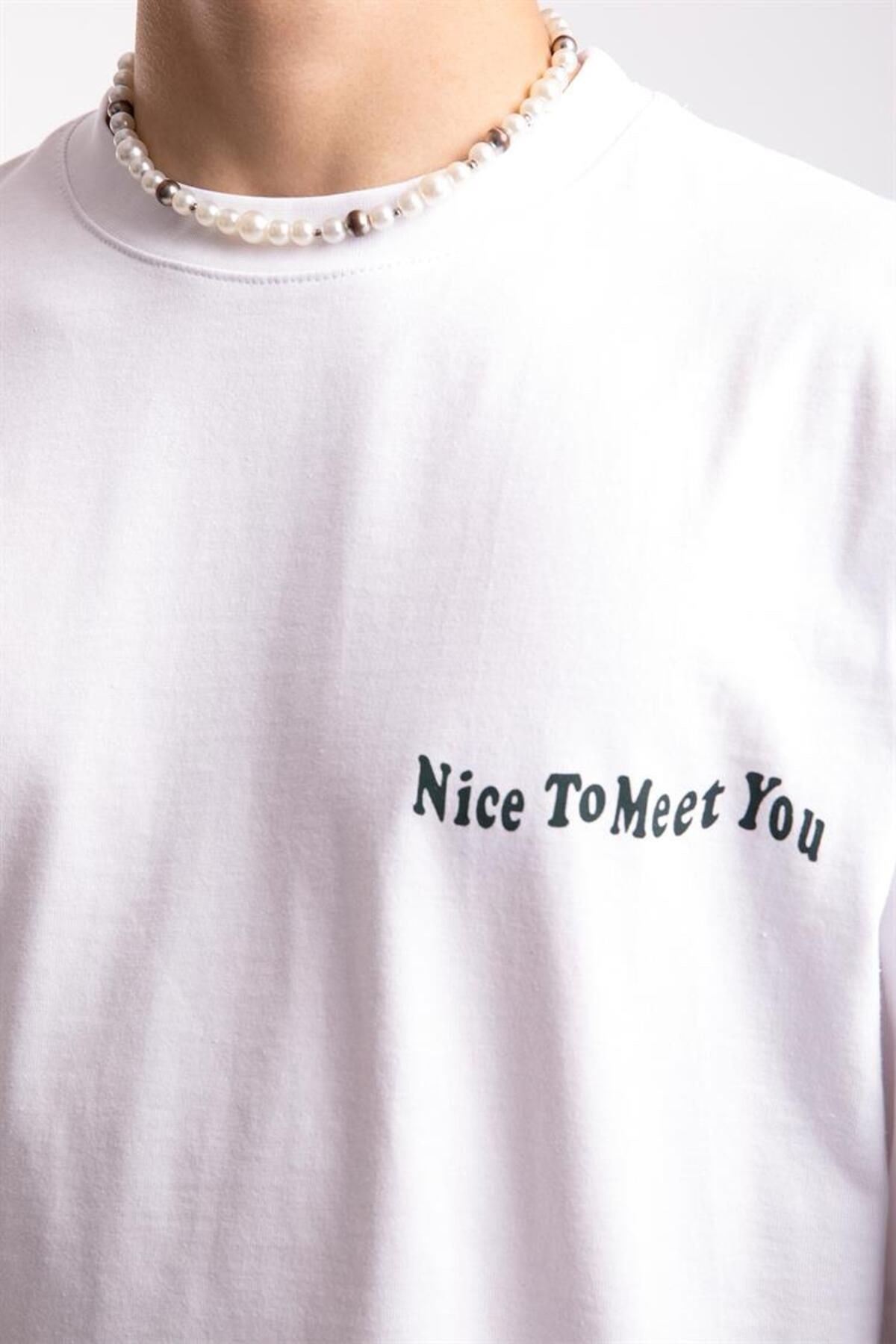 Nice To Meet You Printed White Oversize T-shirt Flaw-182-005-030