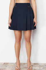 Navy Blue Pleated Buckle Detailed Mini Woven Skirt Twoss24et00115