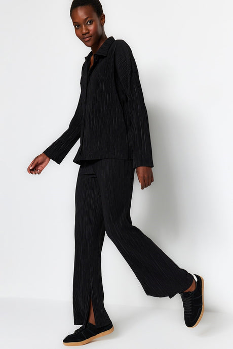 Black Pleated Regular Buttoned Knit Bottom Top Suit Twoaw24au00073