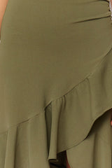 Khaki Ruffle Double-breasted Closure Midi Length Woven Skirt Twoss24et00001