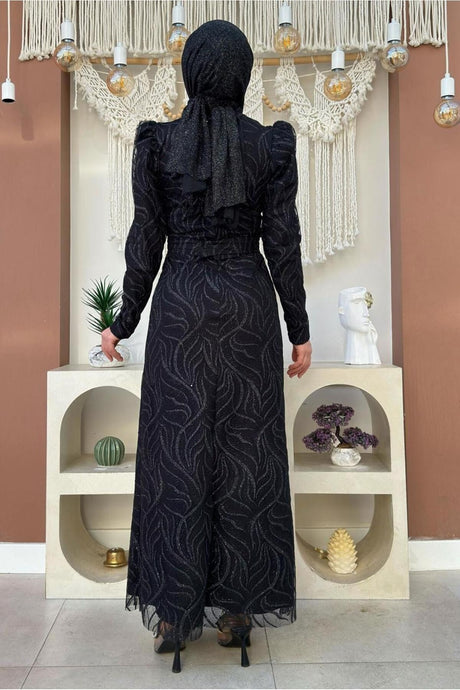 Women's Black Patterned Evening Dress T 0411 24yabltr0411