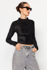 Grey Pleated Velvet Scoop Neck Regular/regular Pattern Long Sleeve Crop Knitted Blouse Twoaw24bz0025