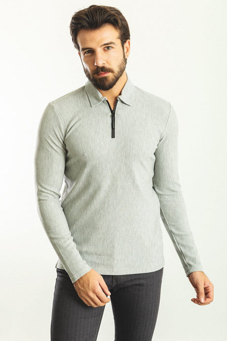 Grey Color Slim Fit Zipper Polo Collar Long Sleeve Men T-shirt 36770.22k