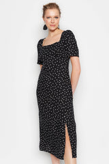 Black Polka Dot Print A-cut Midi Woven Viscose Patterned Dress Twoss23el00487