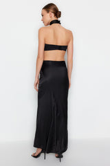 Black Satin Long Skirt Tpraw24et00040