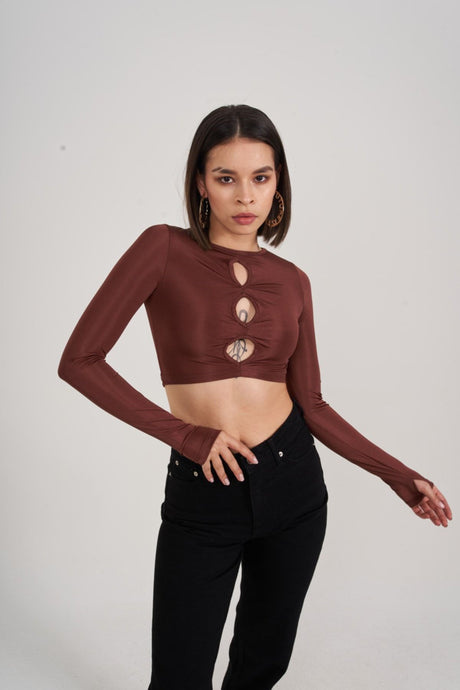 Crew Neck Long Sleeve Chest Detailed Crop Frank Blouse Black Hlfrankblouse