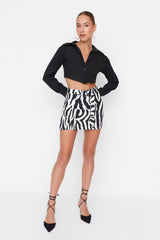 Black Animal Print Belted Mini Woven Skirt Twoaw23et00121