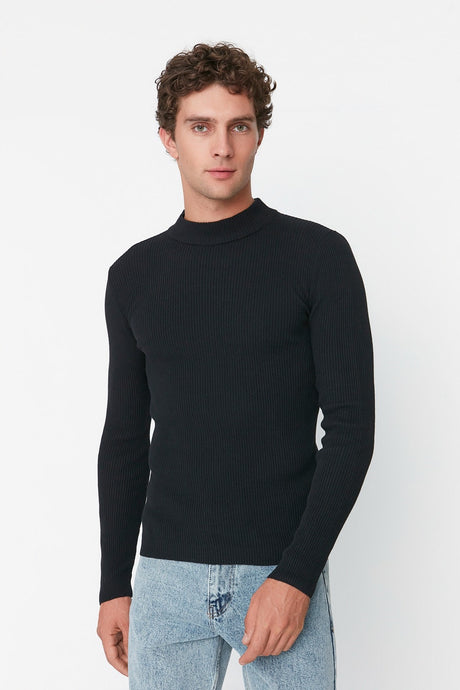 Black-indigo Men's Fitted Narrow Half Turtleneck Rubber Knit 2-piece Pack Knitwear Sweater Tmnaw22kz