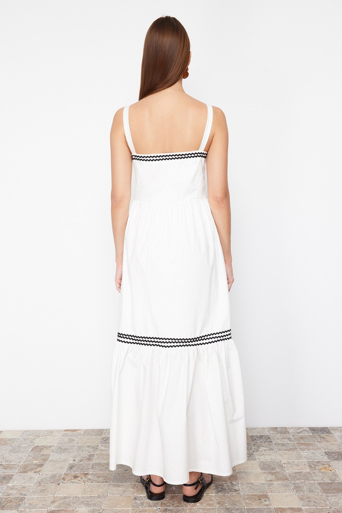 White Belted Black Stripe Accessory Detailed Maxi Woven Dress Twoss24el00798