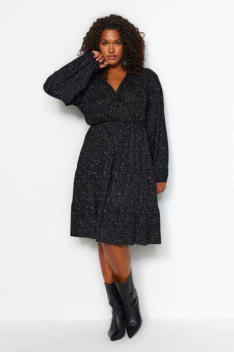 Black A-line Knitted Double Neck Polka Dot Dress Tbbaw23ah00003