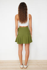 Khaki Belt Detachable Viscose Woven Shorts Skirt Twoss24sr00013