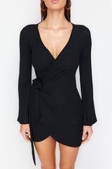 Black Mini Woven Tie Beach Dress Tbess24el00072