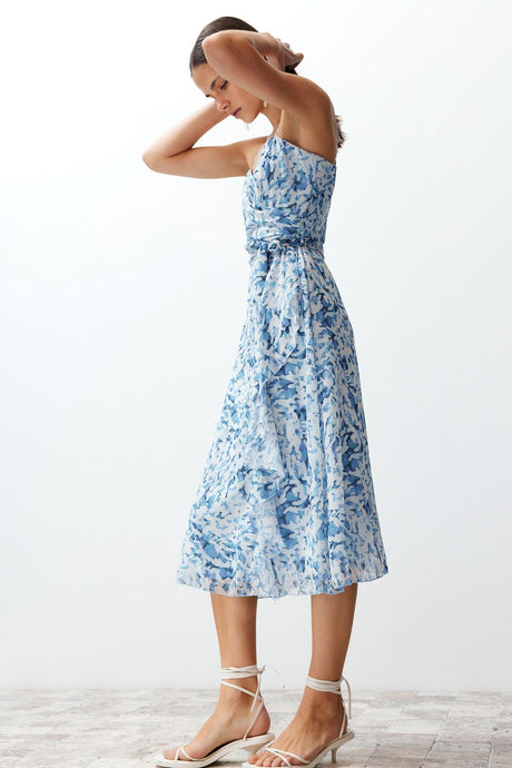 Blue Animal Pattern Skirt Ruffle Chiffon Lined Midi Woven Dress Twoss24el00536