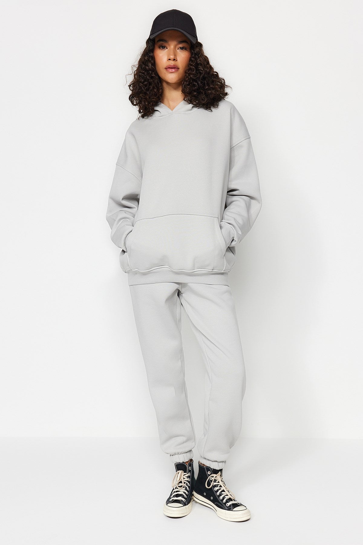 Gray Thick Inner Polar Oversize/wide Pattern Hooded Basic Knitted Tracksuit Set Twoaw24em00002