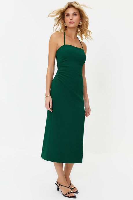 Green Body-fitting Slit Woven Maxi Dress Twoss24el00212