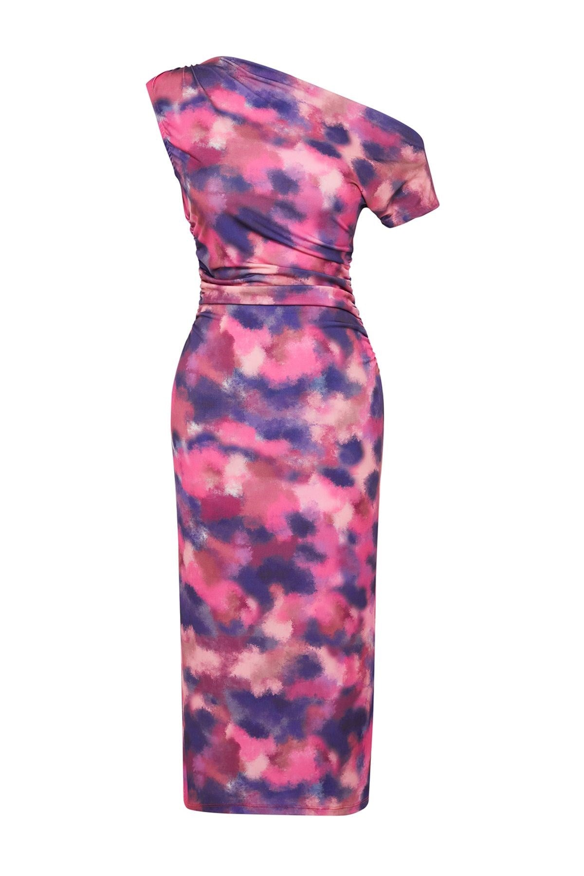 Multicolor Printed Body Fit Boat Neck Zero Sleeve Flexible Knitted Midi Pencil Dress Twoss24el00662