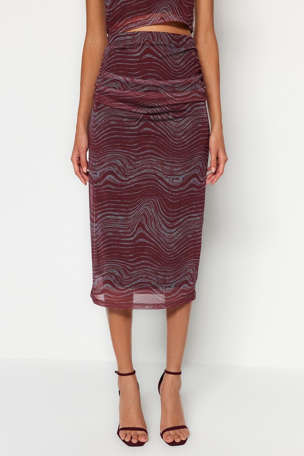 Burgundy Printed Tulle Body-fitting High Waist Lined Midi Knit Skirt Twoss23et00148