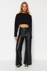 Black Faux Leather Wide Leg Pocket Detailed Knitted Pants Twoaw24pl00103