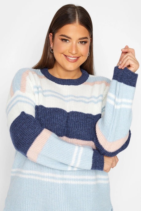 Plus Size Striped Round Neck Slit Detailed Knitwear Sweater 301831