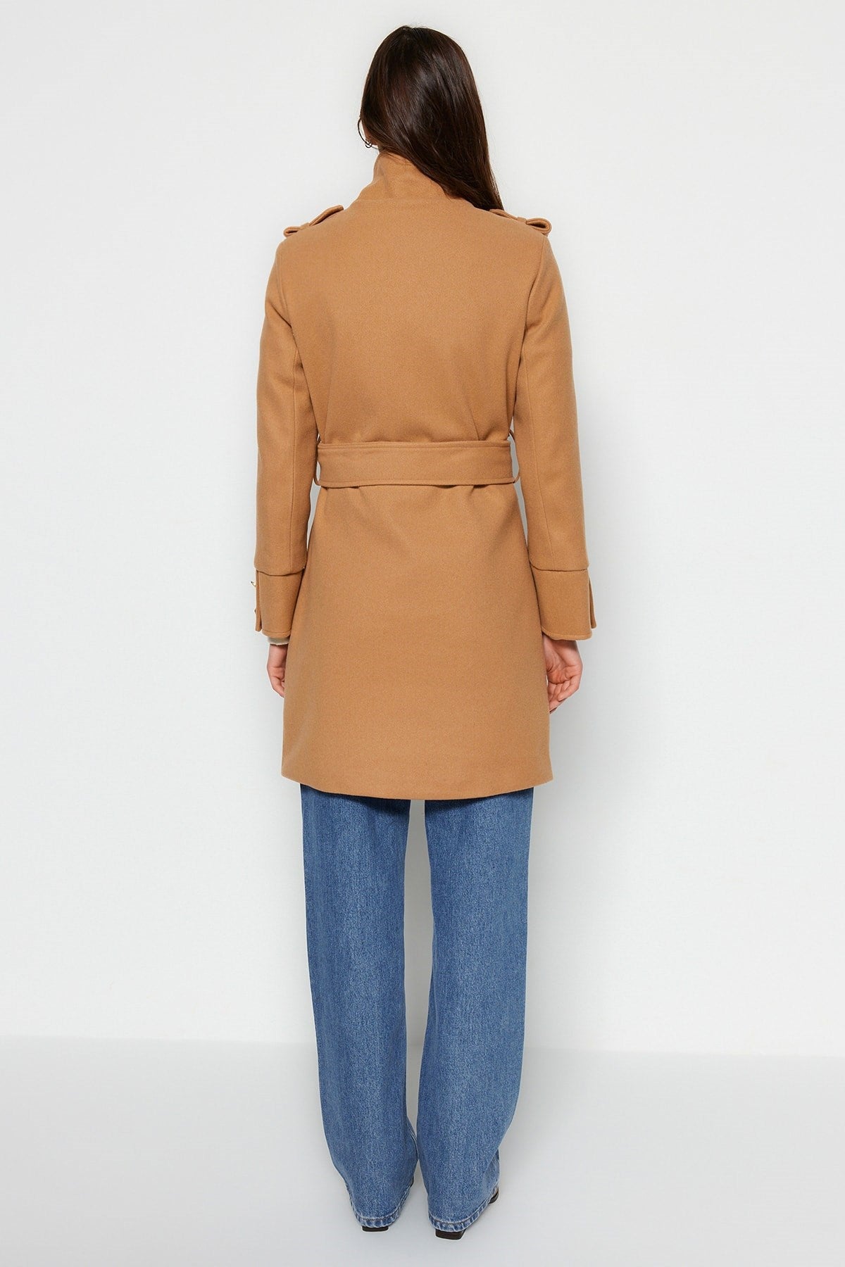 Camel Belted Gold Button Detailed Cashmere Coat Twoaw24kb00006