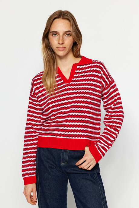 Red Striped Polo Collar Knitwear Sweater Twoaw24kz00431