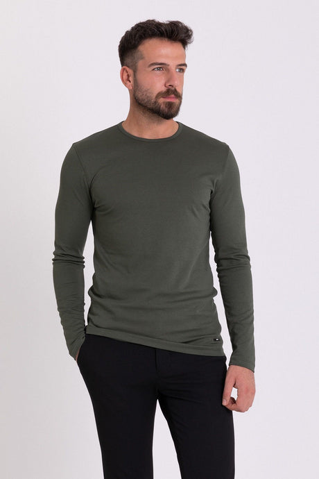 Flat Tile Color Slim Fit Long Sleeve Crew Neck Men's T-shirt 36671.21k