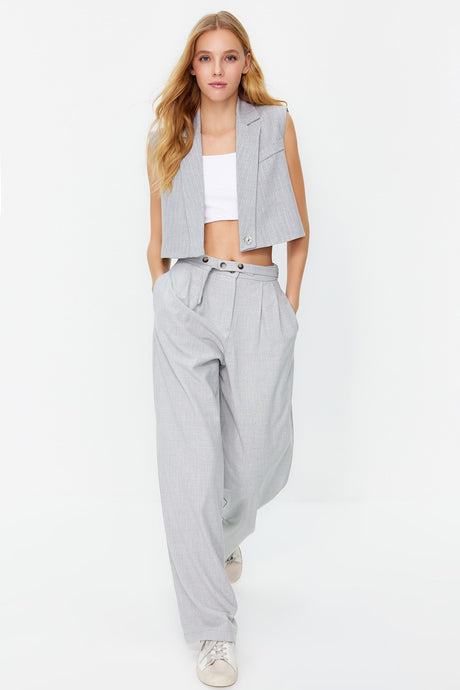 Grey Straight/straight Cut Belt Detailed Woven Pants Twoss24pl00023